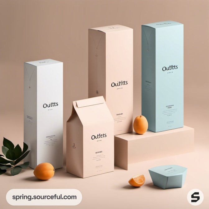 Pastel packaging with apricots and leaves on beige.