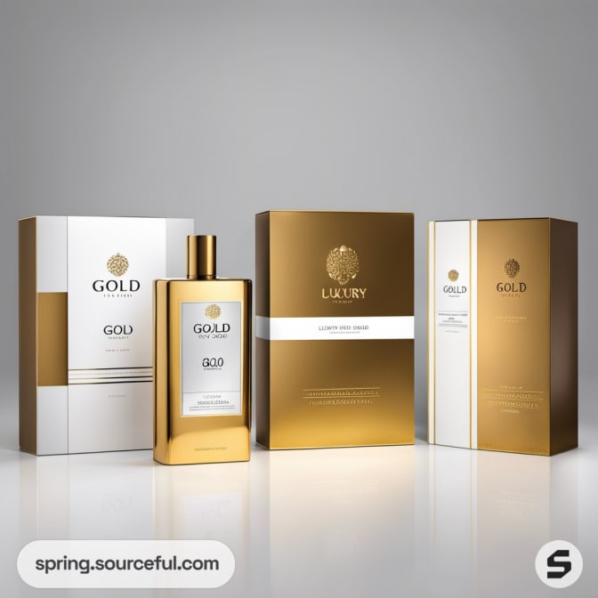 Gold and white luxury box with gold bottle packaging