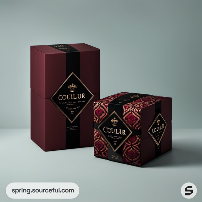 Rich maroon rectangular boxes with elaborate designs.