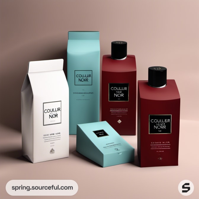 Stylish packaging in red, teal, and white with bottles.