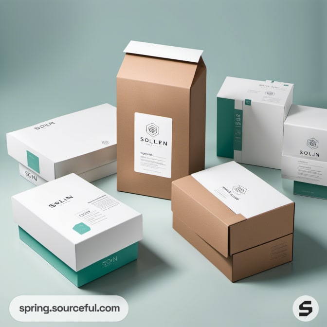Assorted product boxes in white and brown with clean design, displayed on a light teal background.