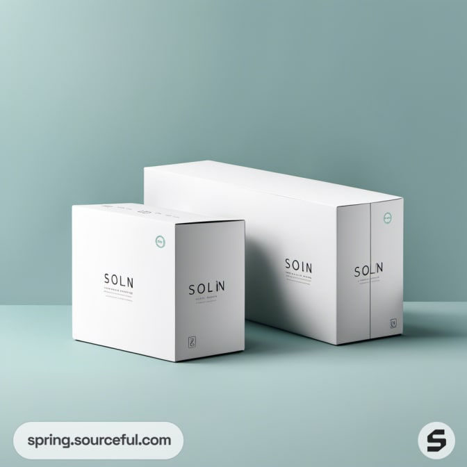 Two rectangular white product boxes with minimal labels on a soft green background.