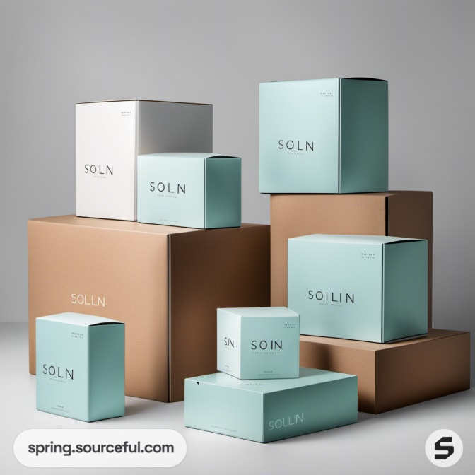 Stack of various sized product boxes in pale blue and brown against a light background.