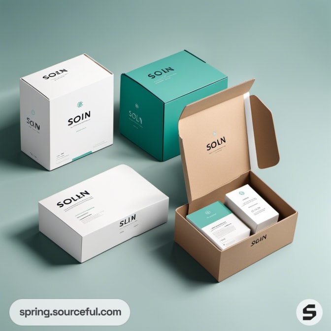 Open product boxes showing items inside, with teal and white packaging on green surface.