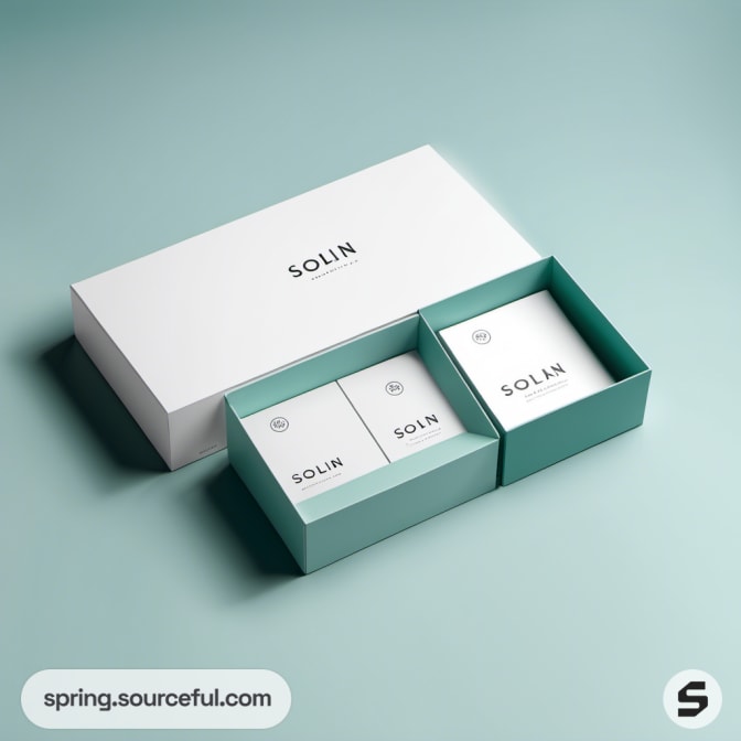 White box with removable sections containing teal card packages against green backdrop.