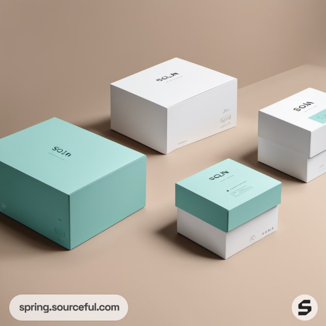 Product boxes in teal and white with clean design displayed on beige surface.