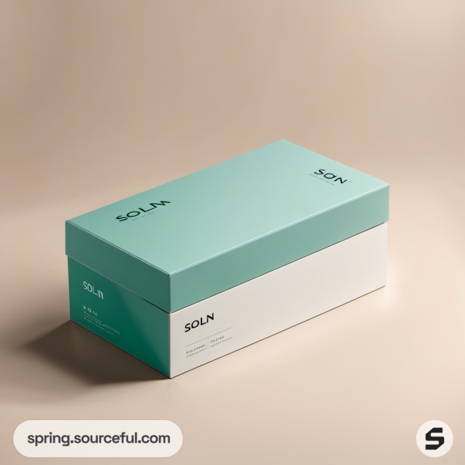 Rectangular teal and white box with minimalist branding on a beige background.