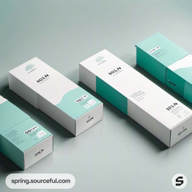 Sleek product boxes in teal and white with wave patterns on a light green surface.