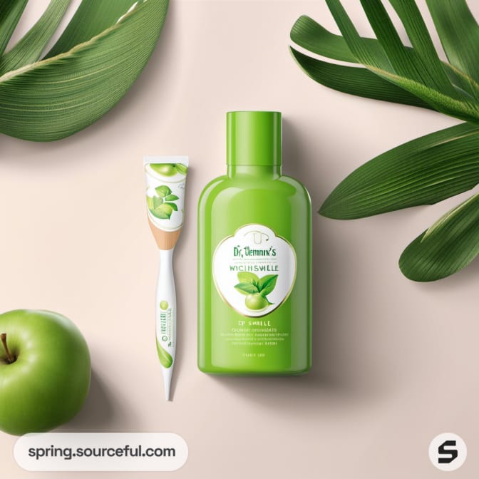 Green moisturizer bottle with apple design on a neutral background.