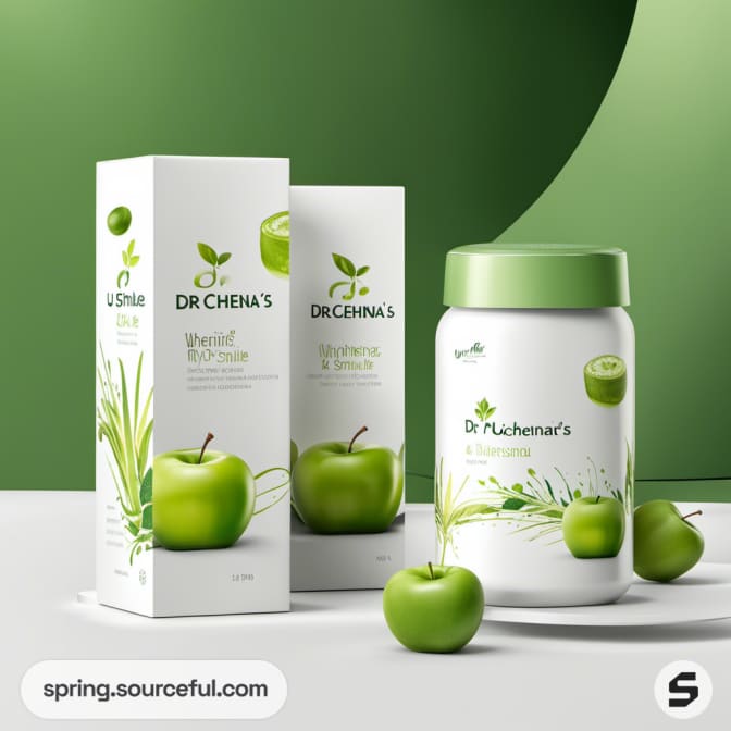 Apple-themed skincare packaging with product boxes and jars.
