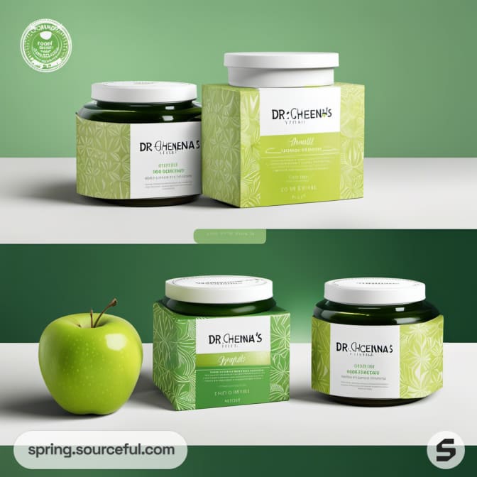 Skincare jars in green packaging with texture and apple.