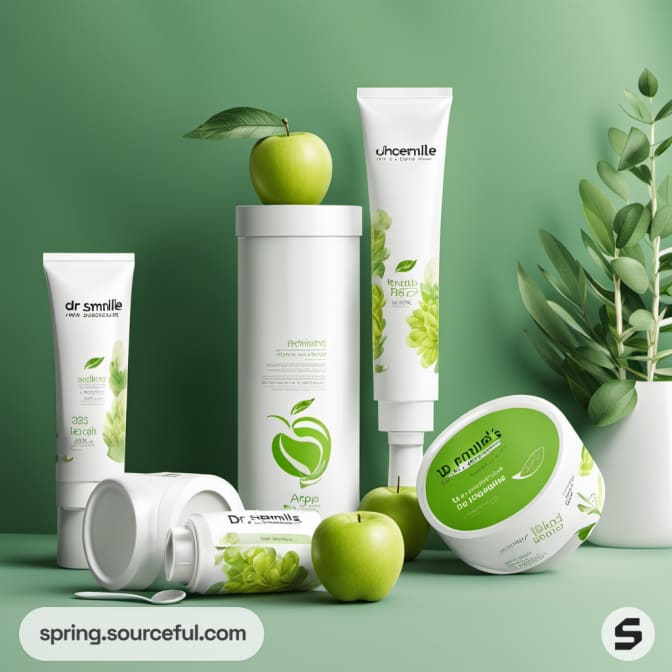 Assorted green skincare tubes and jars with apple accents.