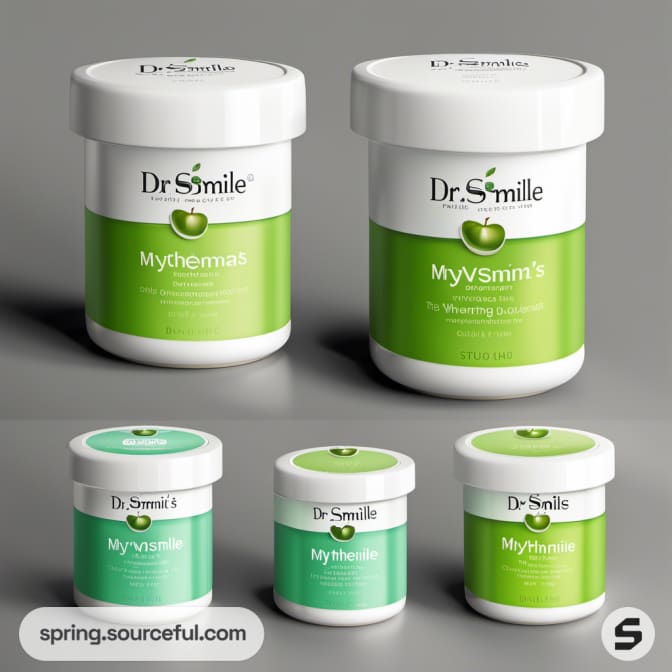 Green and white cosmetic jars with apple branding.