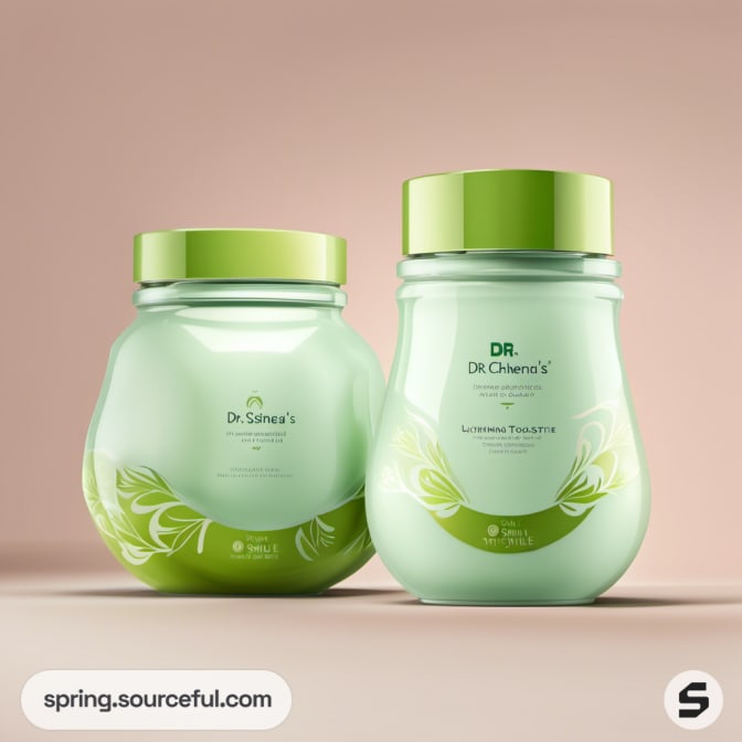 Green skincare jars with leaf patterns on a beige background.