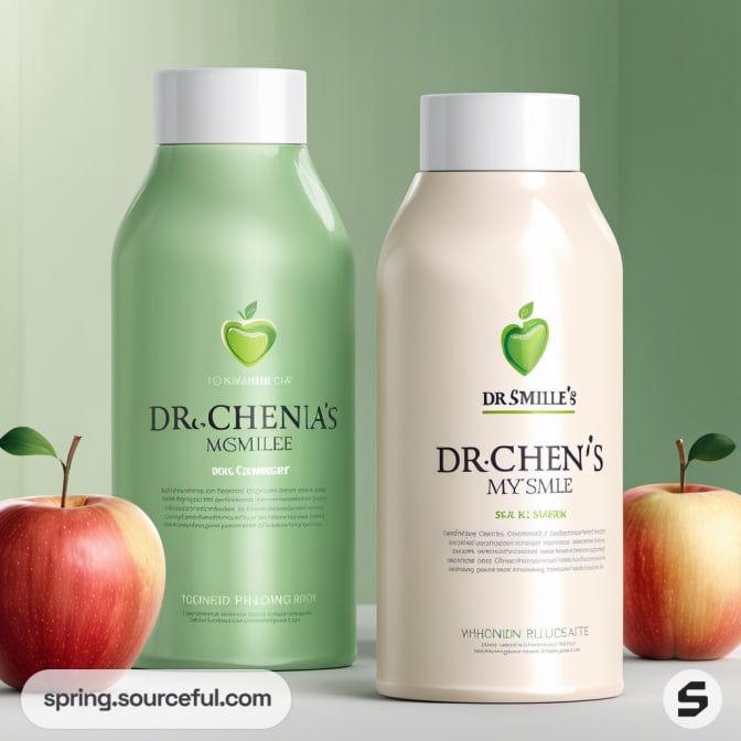 Shampoo bottles with apple design and green branding.