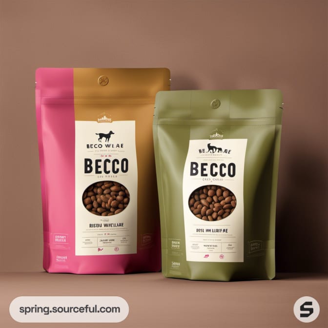 Pink and green resealable pouches of dog food on a brown background.