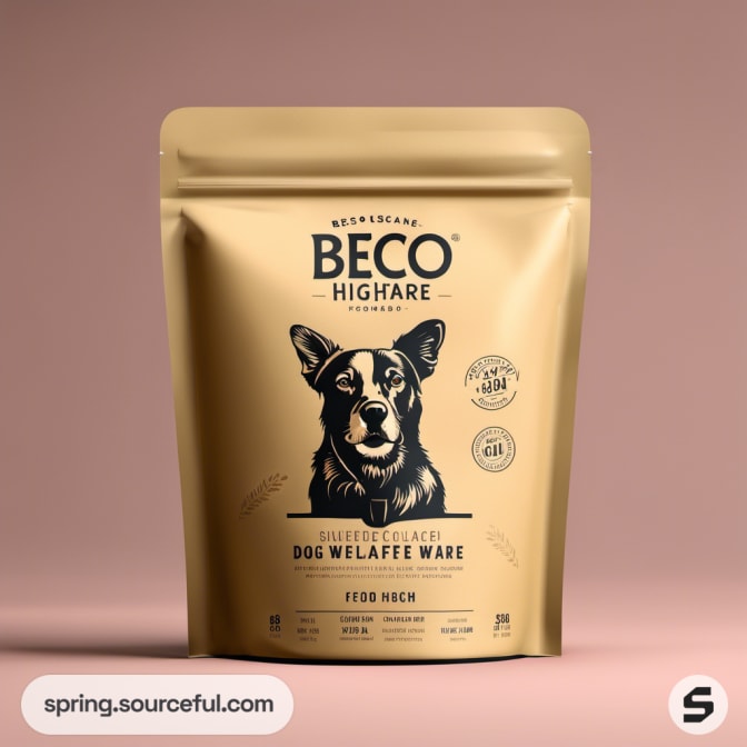 Beige resealable pouch with dog illustration and text on a brown background.