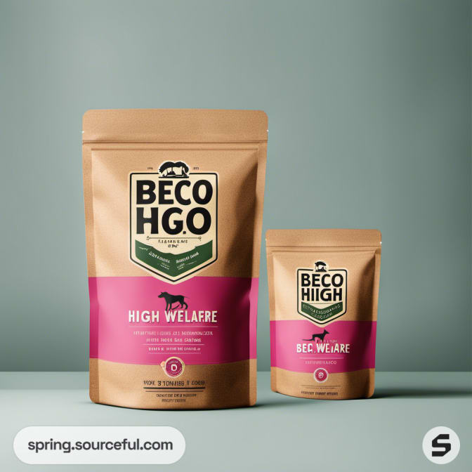 Two pouches of dog food, one large and one small, on a green background.