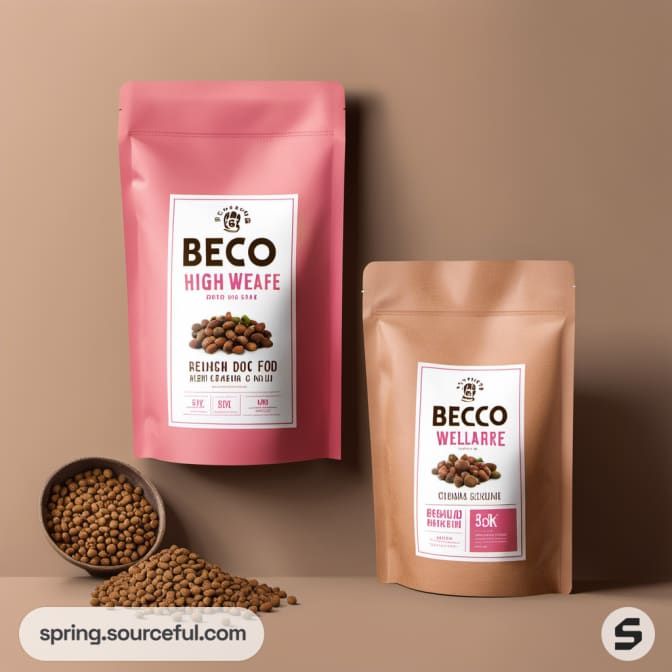 Two pink and beige dog food pouches with spilled kibble on a brown surface.