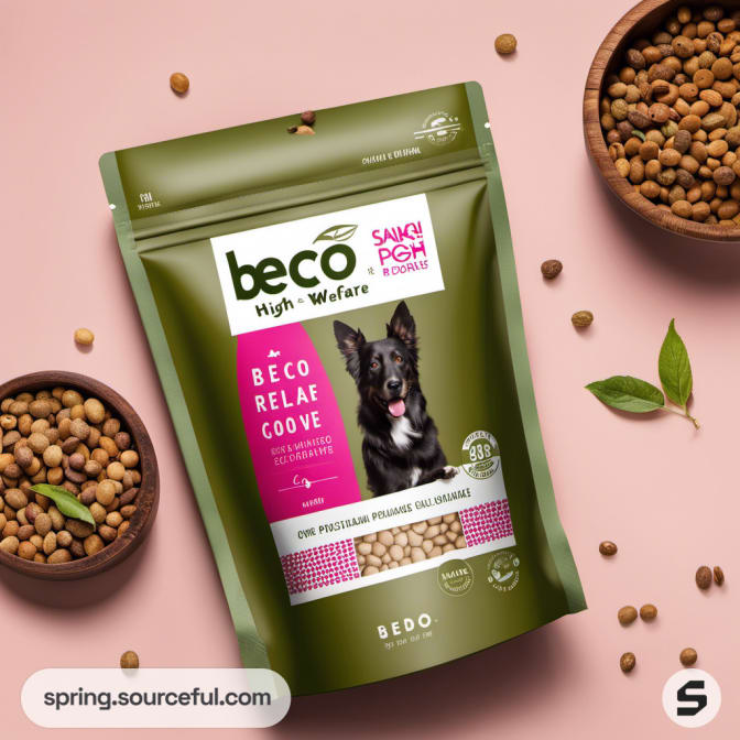 Green resealable pouch of dog treats with a dog image, surrounded by kibble.