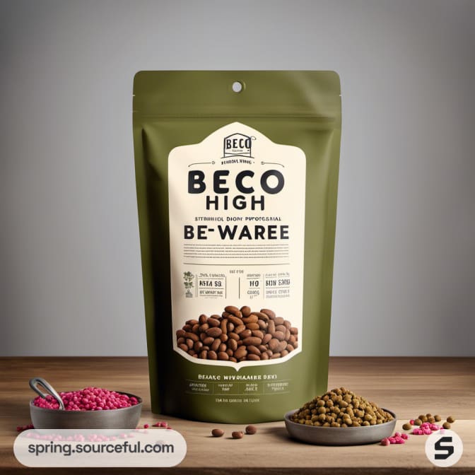 Green resealable pouch with dog food, pink kibble, and utensils on a gray surface.
