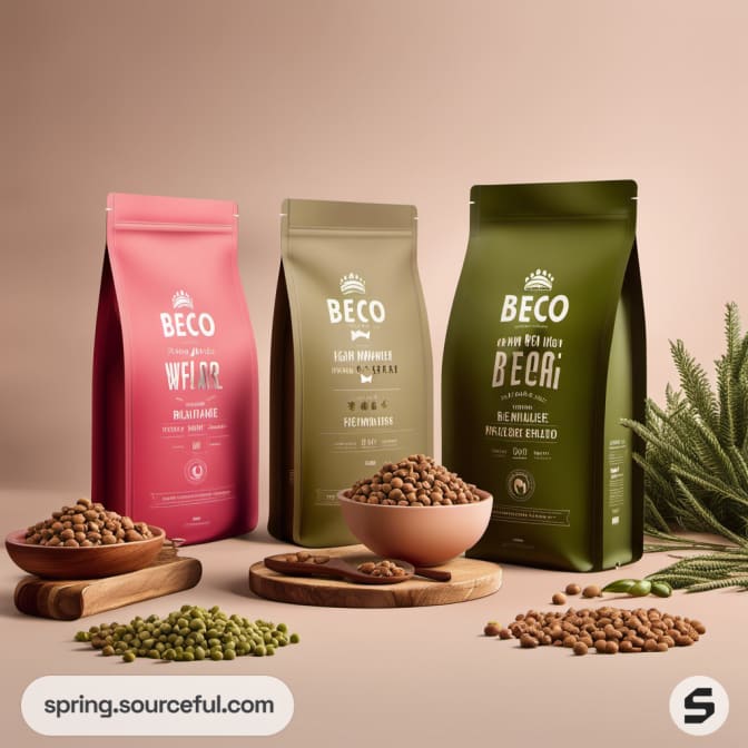 Three dog food bags in pink, green, and brown with kibble on a wooden surface.