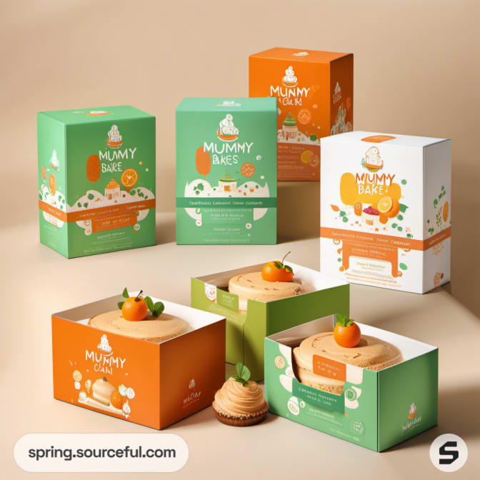 Colorful cupcake boxes with orange and green designs, featuring cupcakes topped with small tangerines.