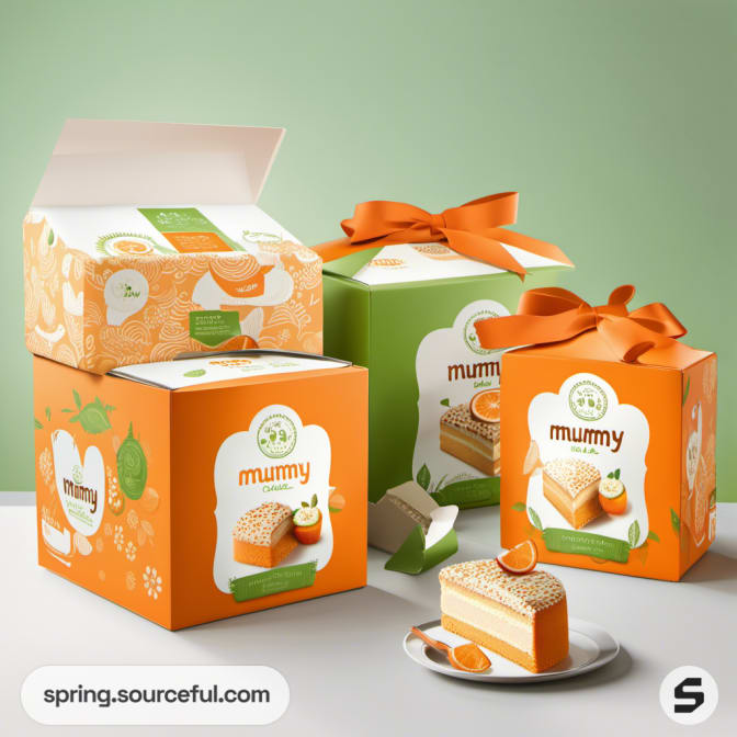 Orange and green gift boxes with cakes, decorated with ribbons and citrus motifs.