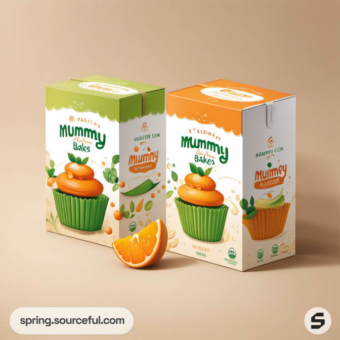Two carton boxes of cupcake mixes in green and orange, with cupcake illustrations.