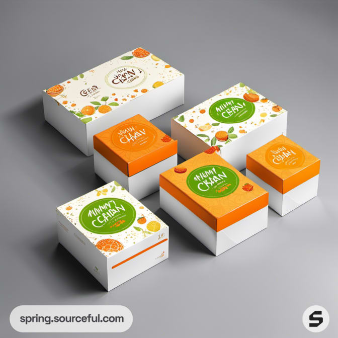 Assorted orange and white gift boxes with citrus designs and "Mummy Chan" labels.