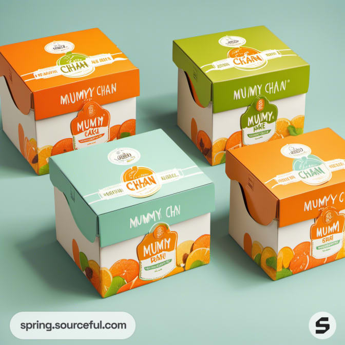 Four square bakery boxes in different bright colors with citrus designs and "Mummy Chan" labels.