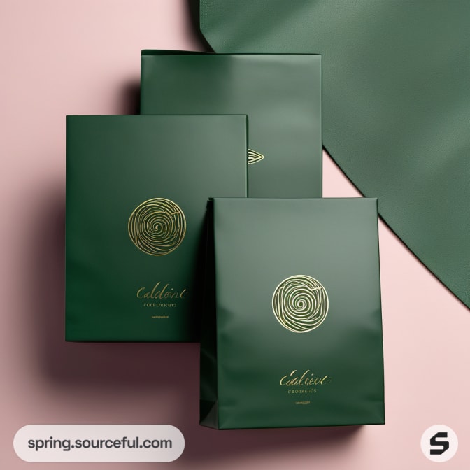 Dark green luxury boxes and bags with gold details on a pink background.