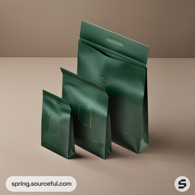 Green luxury bags in various sizes with subtle gold accents on a brown background.