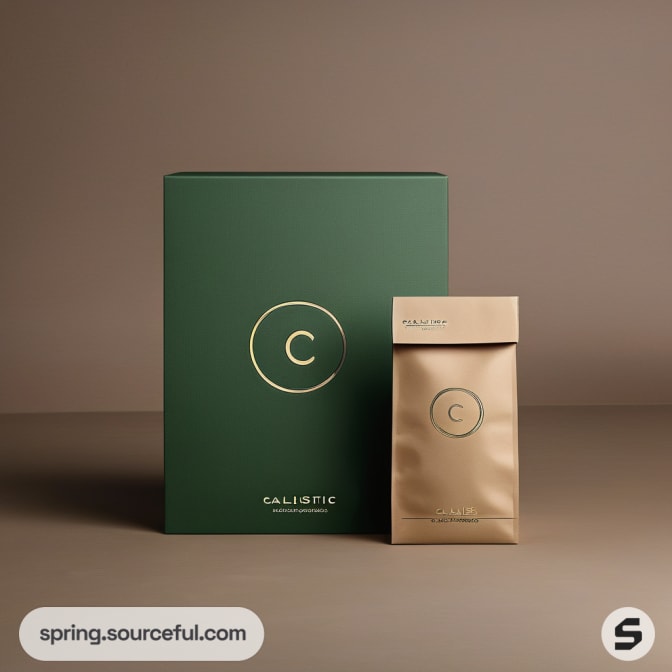 Green box and gold pouch with minimalistic circular designs on a brown surface.
