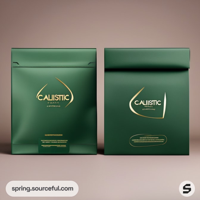 Two dark green pouches with gold typography on a neutral background.