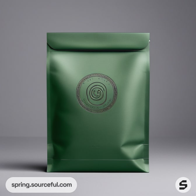 Single green pouch with circular imprint on a gray background.