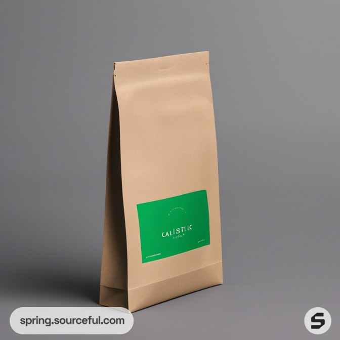 Beige bag with green label and minimalistic design on gray background.