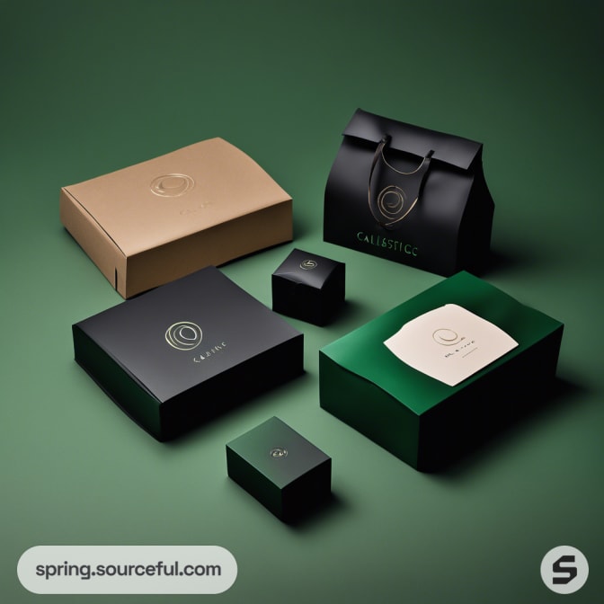 Collection of luxury boxes and bags in black, green, and beige on a green surface.
