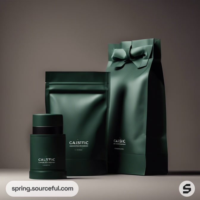 Dark green luxury bags and cylindrical bottle with gold details on a neutral backdrop.