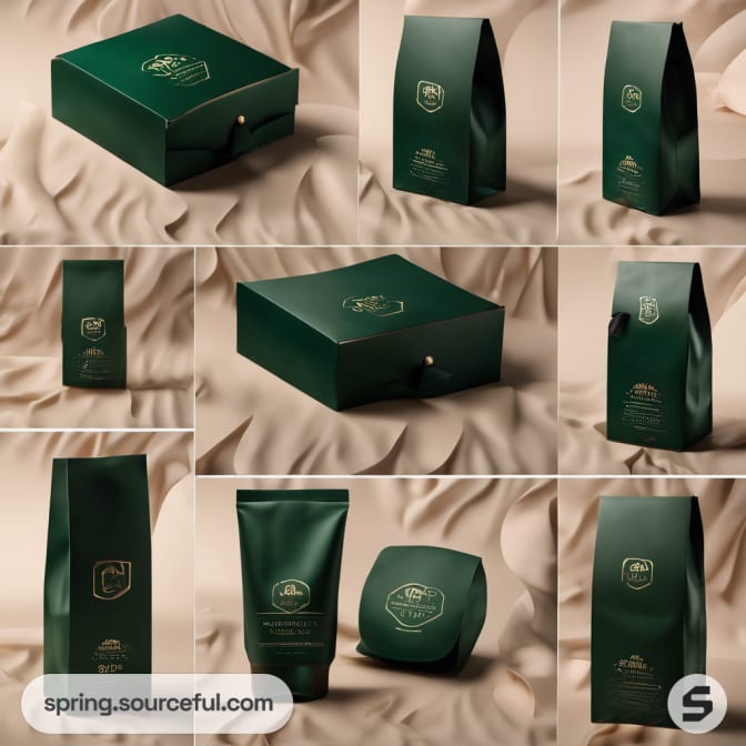 Collection of luxury green and beige packaging with intricate designs on a fabric surface.