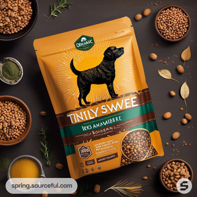 Dog food resealable pouch with black labrador illustration and orange design.