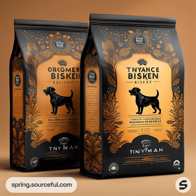 Two dog food bags with black dog illustration and ornate patterns.