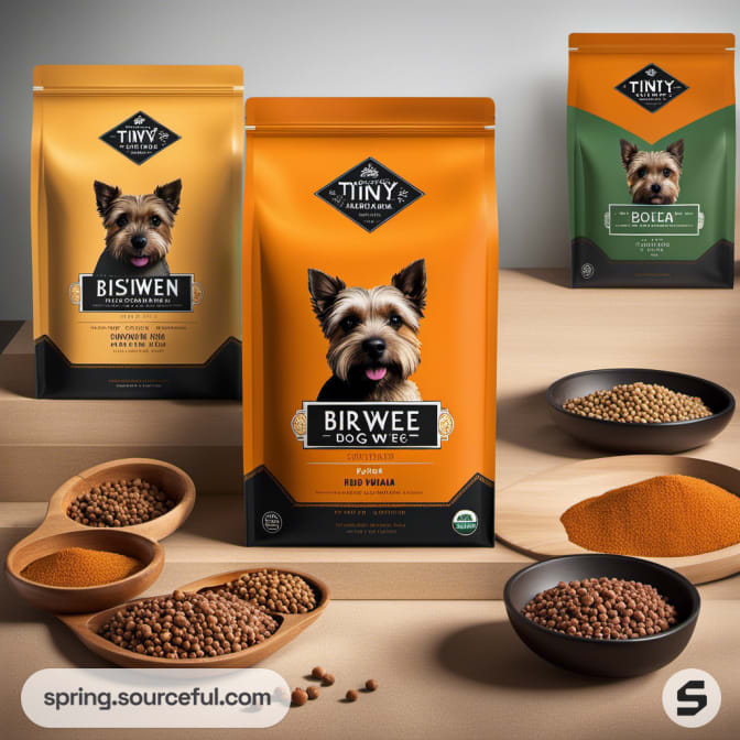 Dog food bags with small dog illustrations in orange and green packaging.