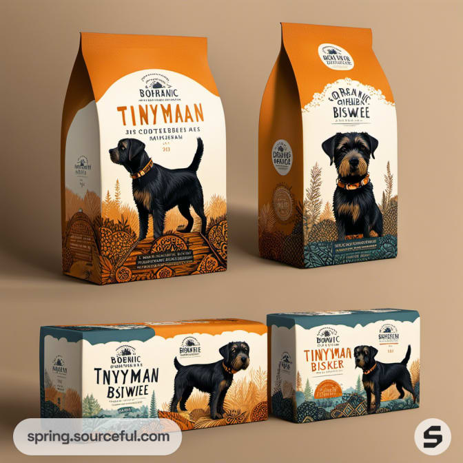 Dog food boxes featuring black dogs and nature-themed designs.