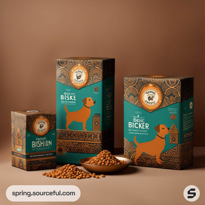 Dog food boxes with orange dog illustration and intricate patterns.