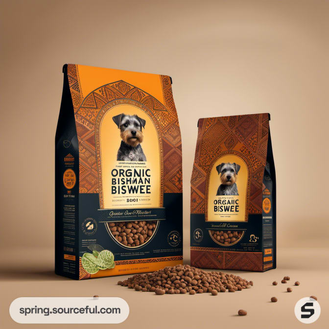 Dog food bags with small dog image and detailed patterned design.