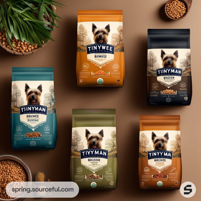 Five dog food packets with different colored labels and small dog images.