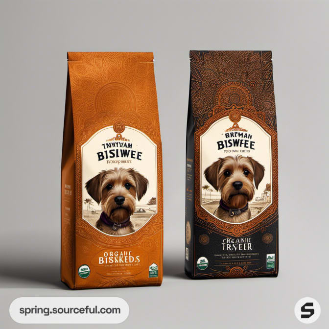 Two dog food bags with dog images in earthy orange and brown tones.