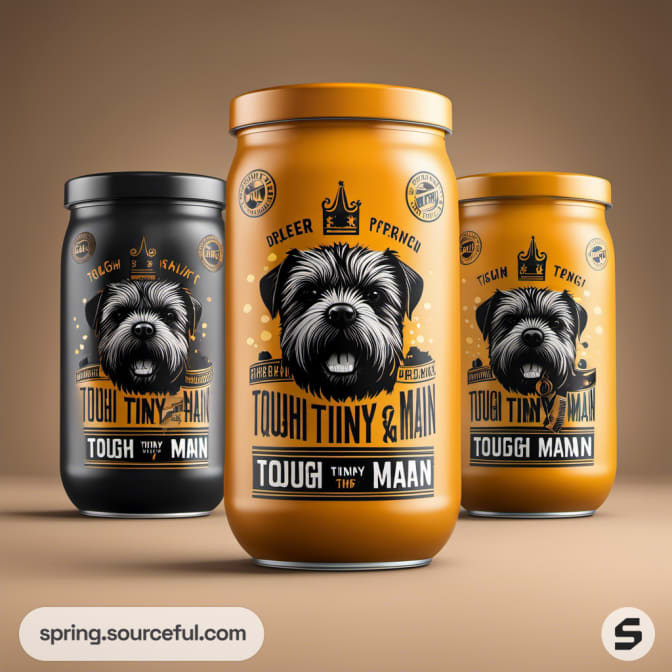 Jar with cartoon dog on amber label, dog treats packaging.