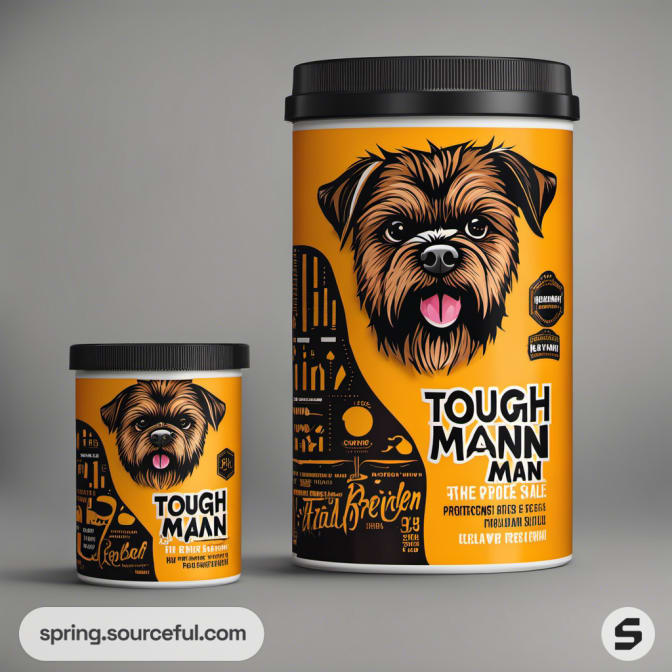 Yellow and black canister with cartoon dog, protein powder packaging.